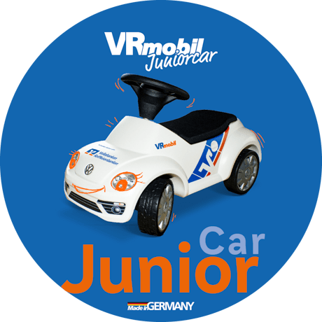 blauer Kreis mit VRmobil JuniorCar mit aufgezeichnetem lachenden Gesicht in der Mitte